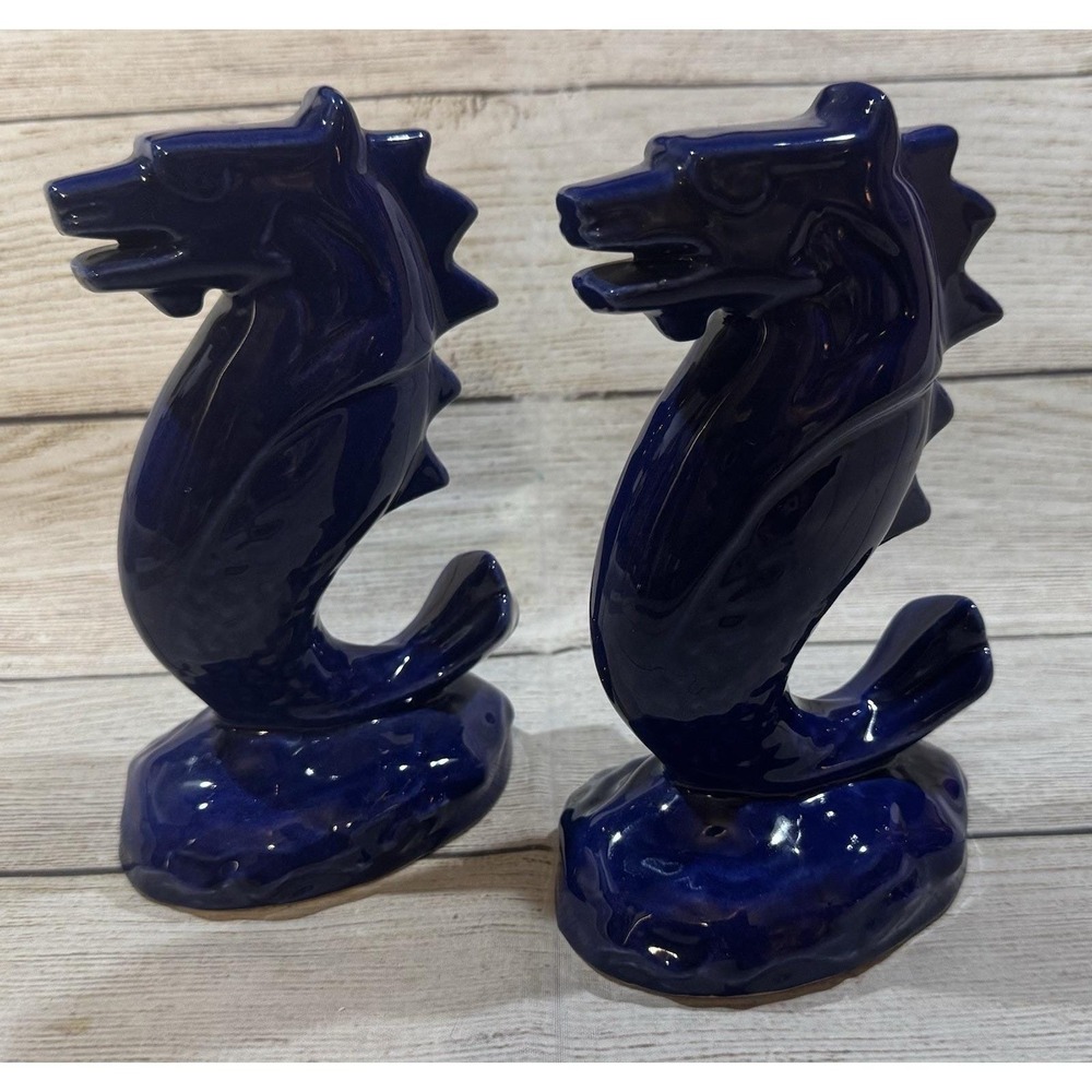 Lot of 2 Vintage 1972 Bermuda Sea Venture Blue Pottery Seahorse Figures TubH9